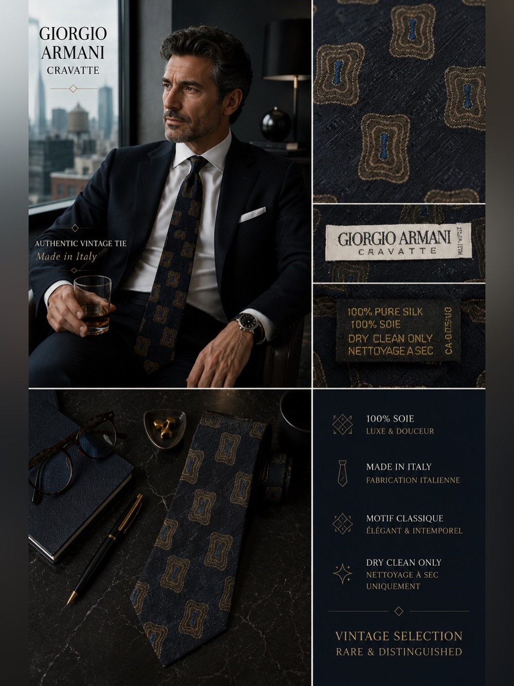 Giorgio Armani Cravatte - black/Brown Silk Tie with Gold Geometric Motif